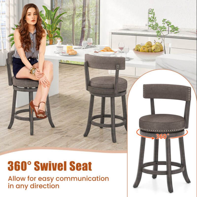Set of 2 Counter Height Chairs with 360° Swivel Seat and Rubber Wood Frame