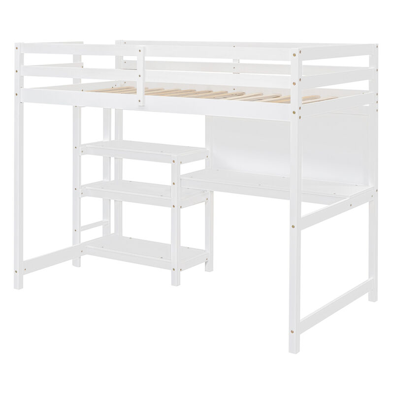 Twin Size Wooden Loft Bed With Shelves, Desk And Writing Board