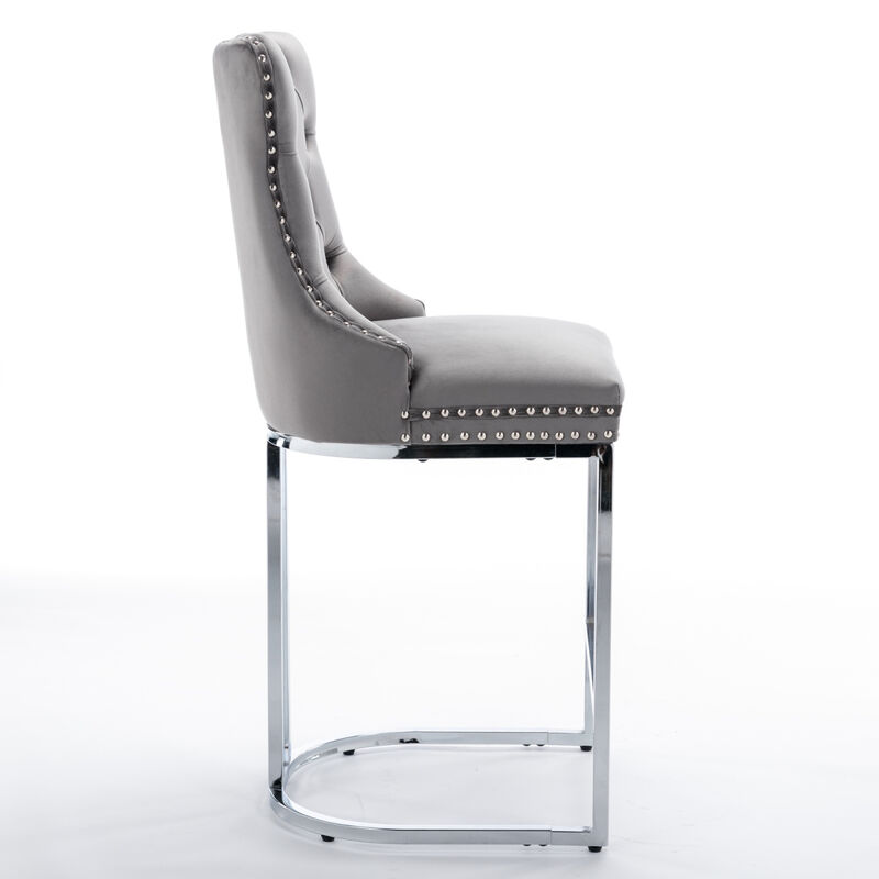 Modern Gray Velvet Bar Stools Set Of 2