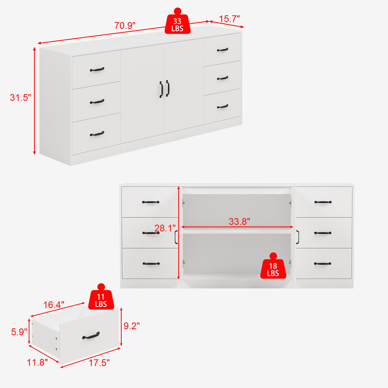 FUFU&GAGA 6-Drawer Storage Dresser with Double-Door Cabinet (70.9" W x 31.5" H x 15.7" D), White