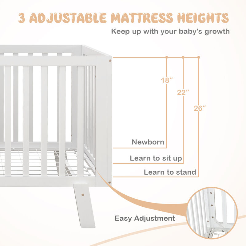 Rubber Wood Baby Crib with Adjustable Mattress Heights and Guardrails-White