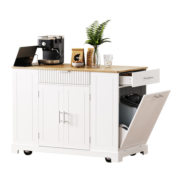 Merax Fluted Kitchen Island with Trash Can Storage Cabinet
