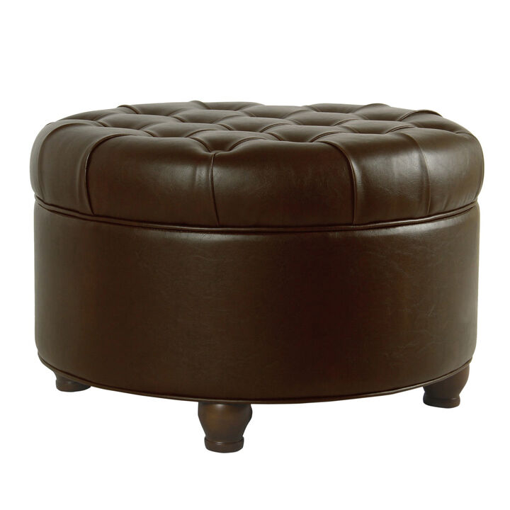 Leatherette Upholstered Wooden Ottoman with Tufted Lift Off Lid Storage, Brown - Benzara