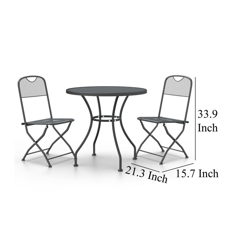 3pc Outdoor Patio Dining Table Set, 2 Chairs, Round Top, Black Metal - Benzara