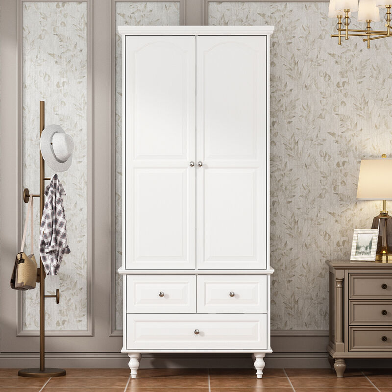 White Paint Wood 2-Door Armoires with Hanging Rod, 3-Drawers, Adjustable Shelves 70.9 in. H x 31.5 in. W x 19.7 in. D