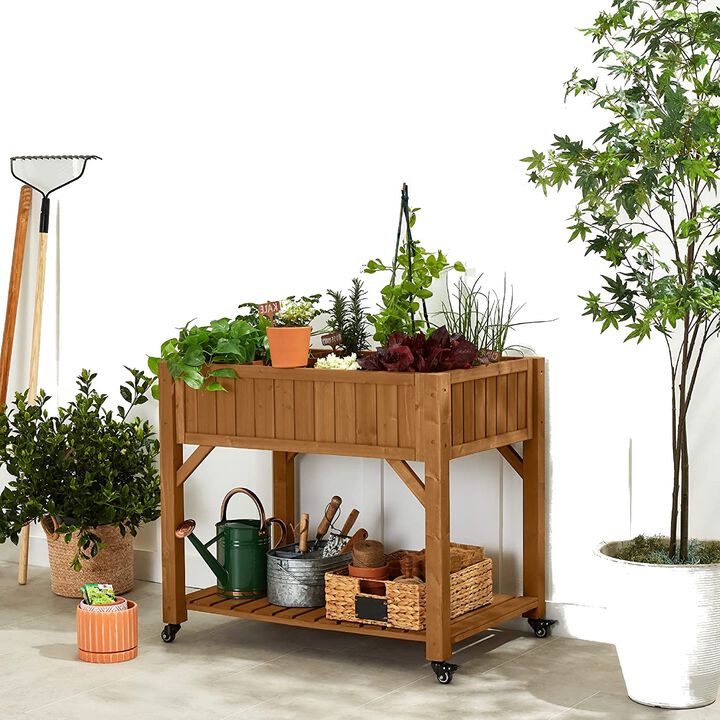 Hivvago Outdoor Elevated Raised Garden Bed Planter Box with Locking Wheels