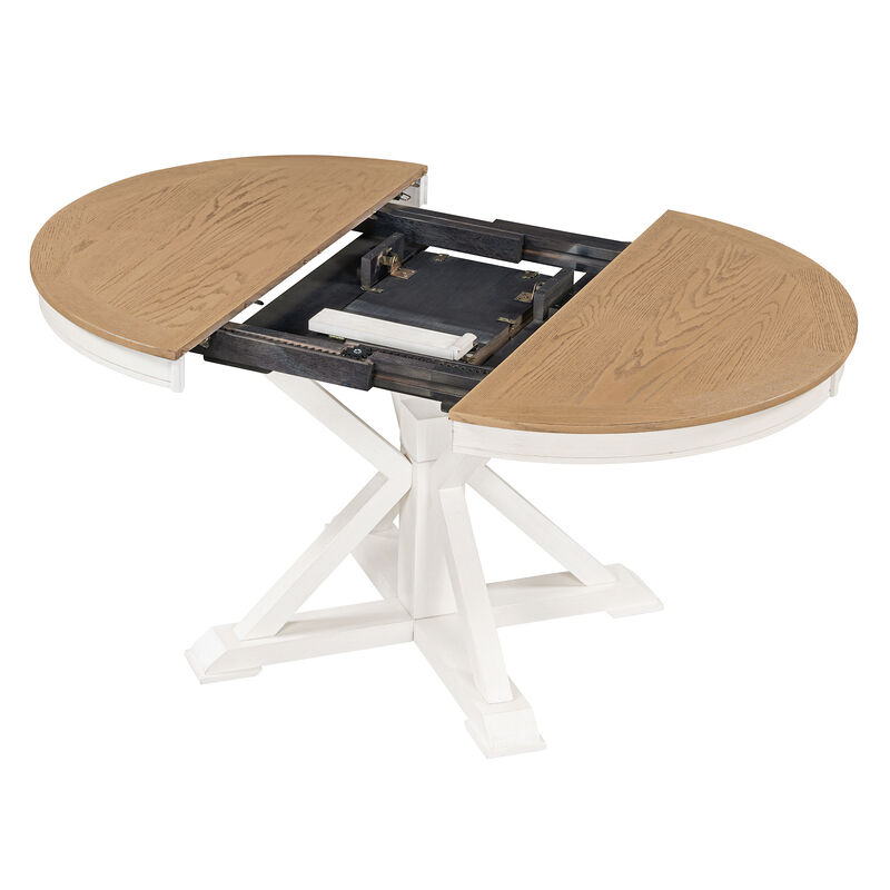 Gewnee  Retro Functional Extendable Dining Table with a 12" Leaf for Dining Room and Living Room (Oak Natural Wood + Off White)