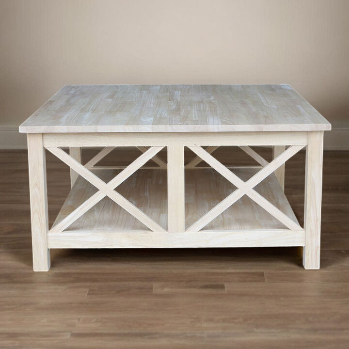 Hivvago Square Unfinished Solid Wood Coffee Table with Bottom Shelf