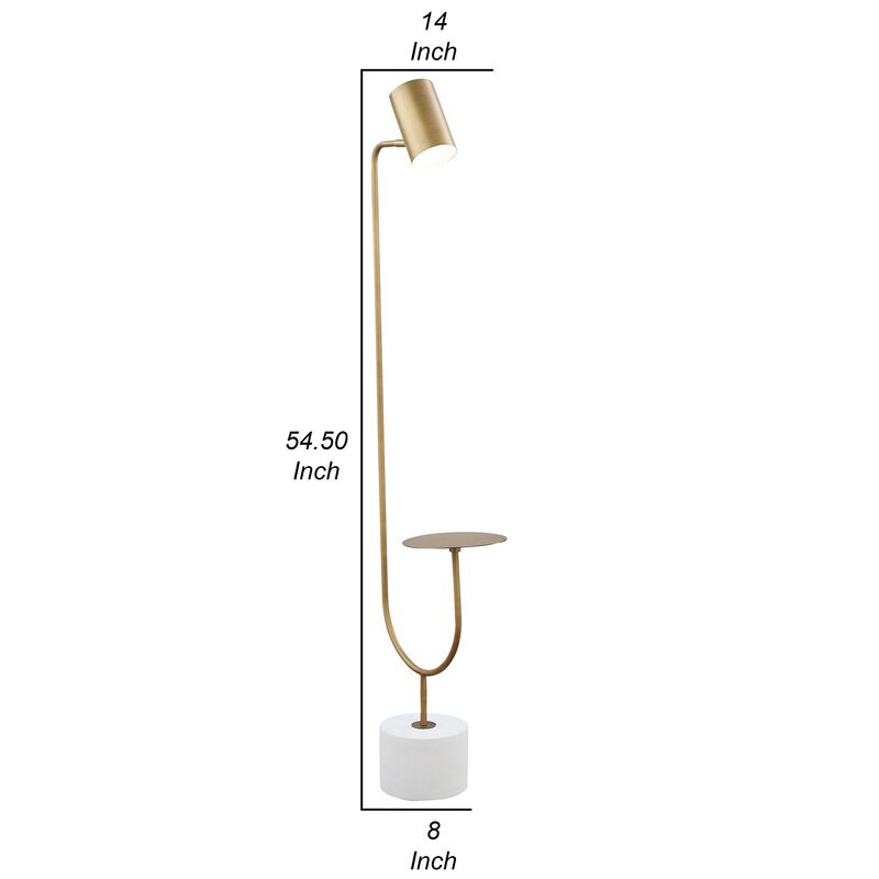 Ely Floor Lamp, White Round Base, Round Tabletop, Gold Metal Finish, Gray - Benzara