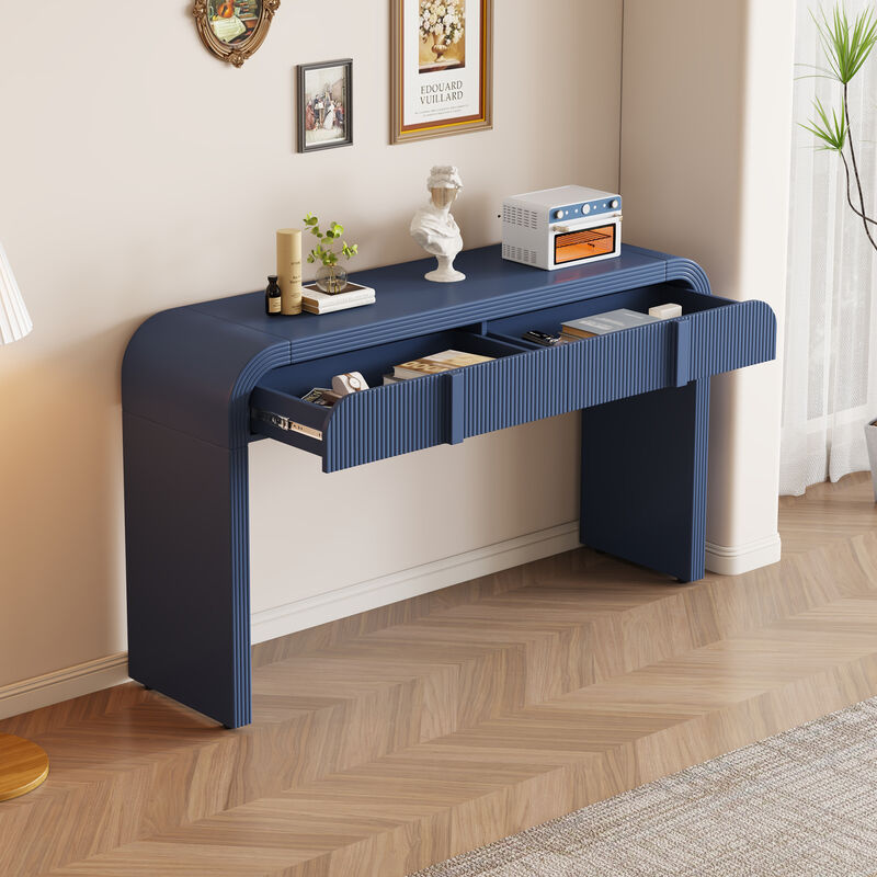 Clihome Modern Console Table with 2 Storage Drawers, Fluted Entryway Table with Rounded Silhouette for Hallway Living Room and Entryway (Navy Blue)