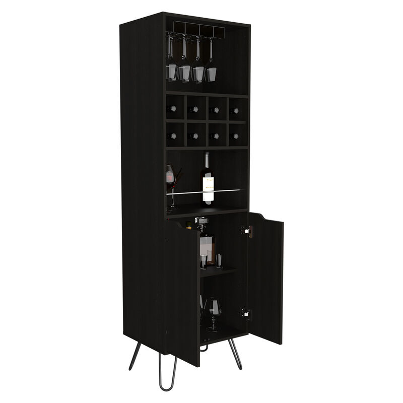 DEPOT E-SHOP Zamna H Bar Double Door Cabinet, Eight Built-in Wine Rack, Four Legs, Four Shelves, Black