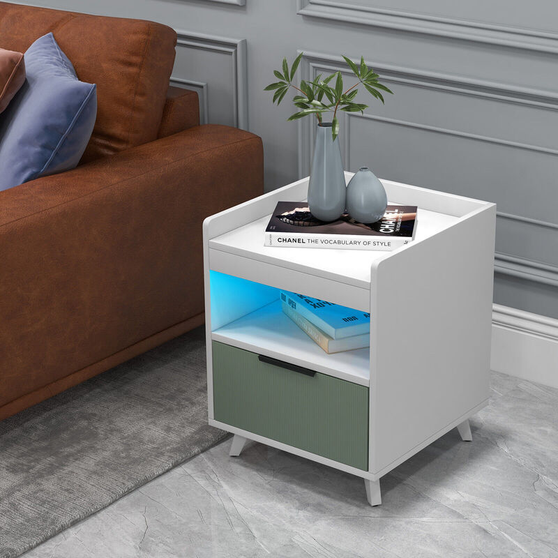 Modern Nightstand with LED Lights Sliding Drawer and Open Compartment