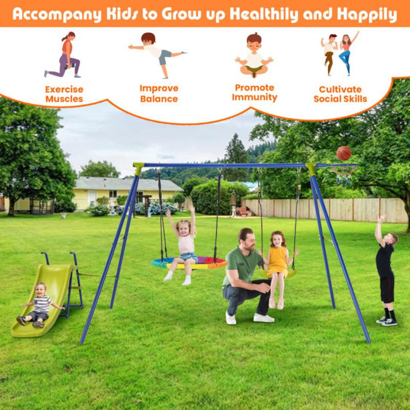 Hivvago 4-in-1 Heavy-Duty Metal Playset with Slide and Basketball Hoop
