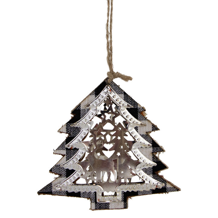4" Black and White Buffalo Plaid  Christmas Tree with Reindeer Ornament