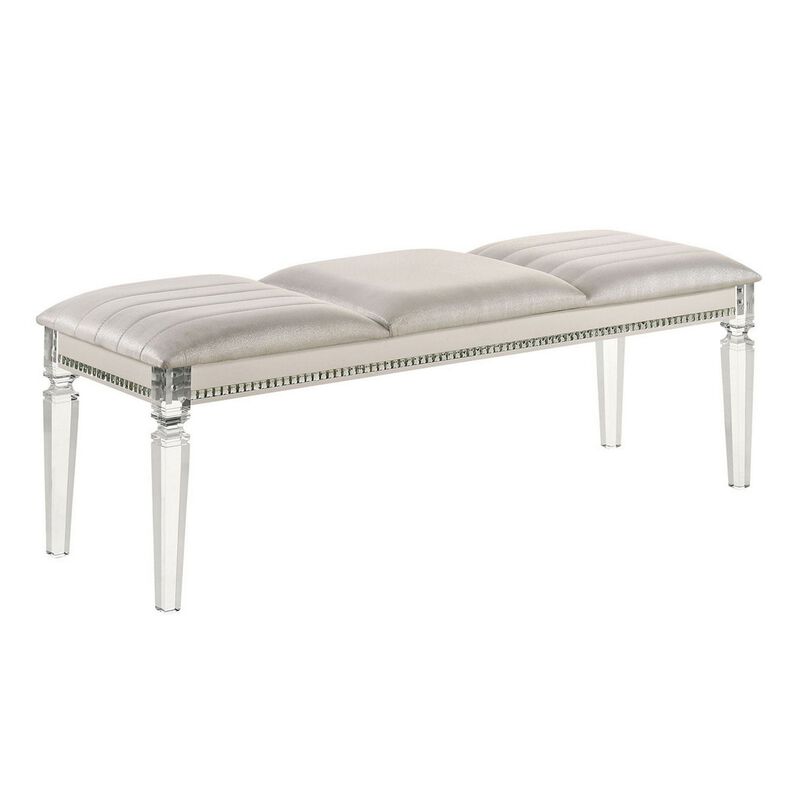 Tufted Leatherette Seater Wooden Bench with Mirror Accents, White-Benzara