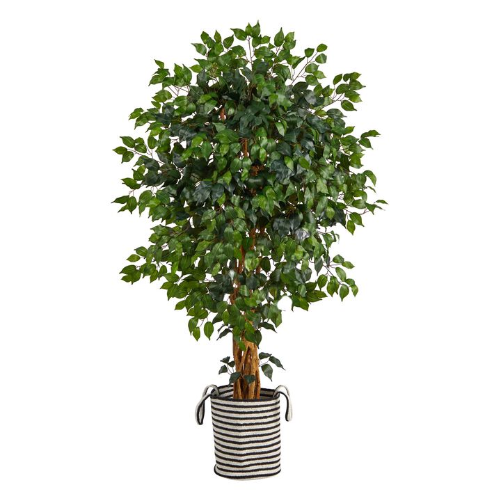 Hivvago 5.5 Feet Palace Ficus Artificial Tree in Handmade Black and White Natural Jute and Cotton Planter