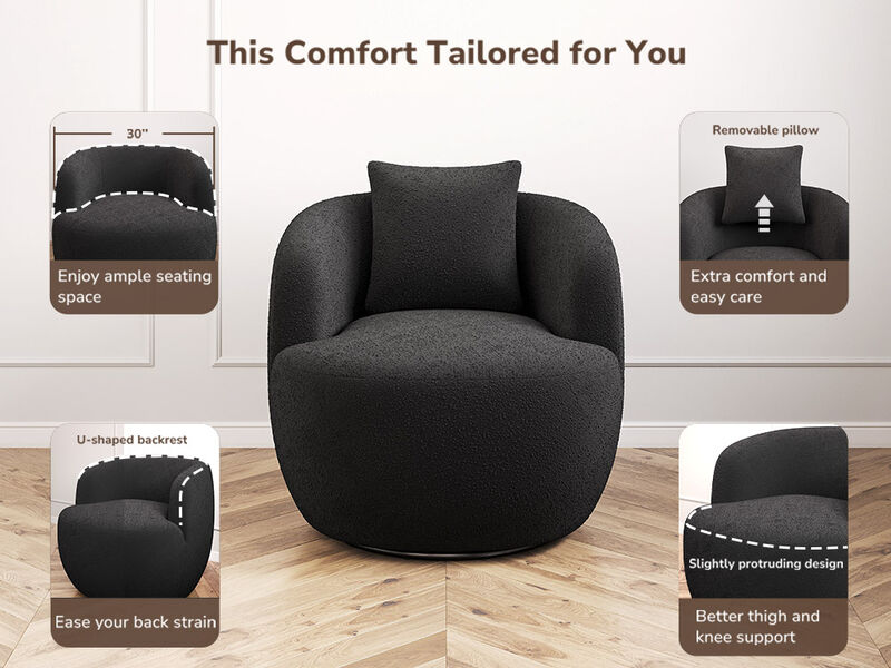 BELLEZE Wide Swivel Barrel Chair, Modern Round Boucle Swivel Armchair Curved Backrest Upholstered 360�Swivel Sofa Accent Chair with Pillow, Comfy Swivel Accent Chair for Living Room -Francisco (Black)