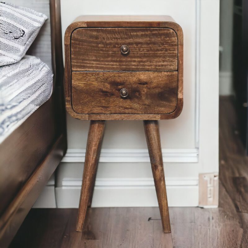 Mini Curved Grey Washed Solid Wood2 Drawer NightStand