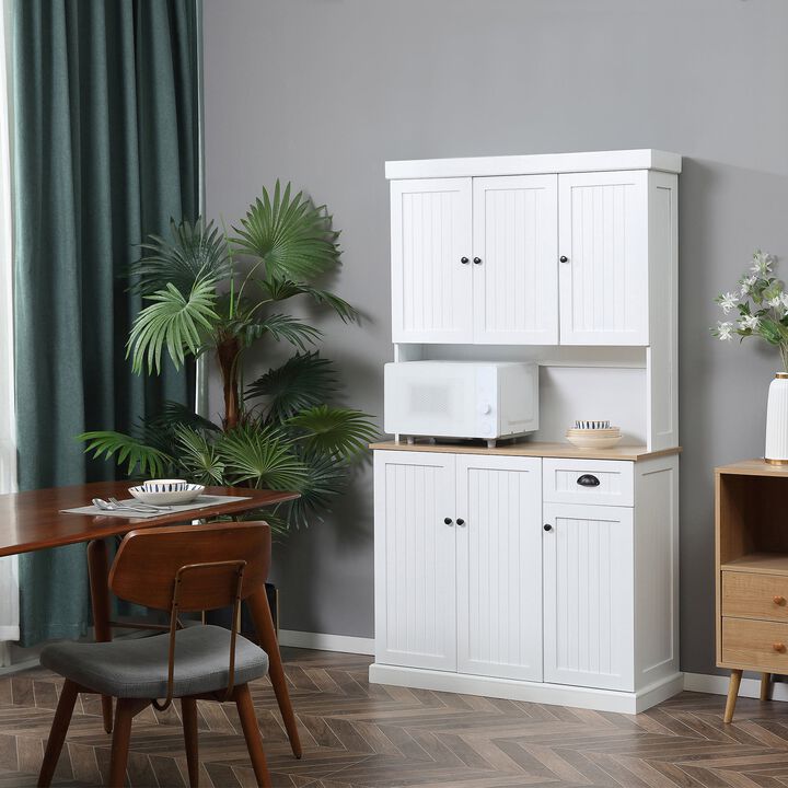 71" Kitchen Buffet with Hutch: Microwave Space, Storage, White