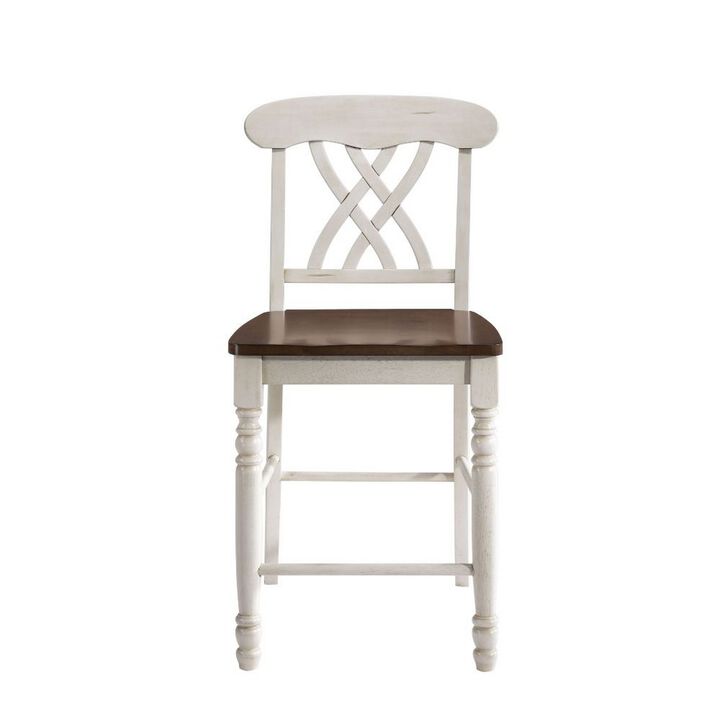 Wood Counter Height Dining Chair, Set of 2, White and Brown-Benzara