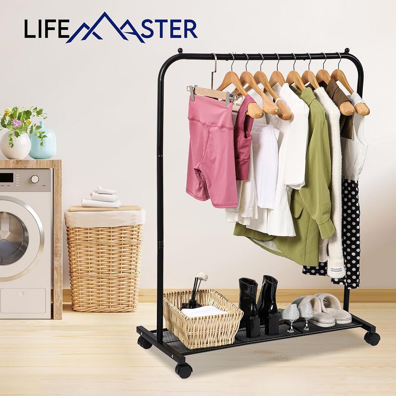 Lifemaster Metal Clothes Rack - Pack of 2 Versatile, Ample Storage Space, Simple Assembly, Hanging Garment and Clothes Rolling Rack with Wheels - Black