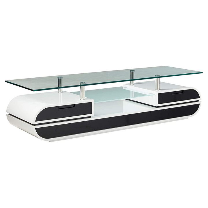 63 Inch TV Entertainment Console, Glass Top, Chrome Posts, Black, White - Benzara