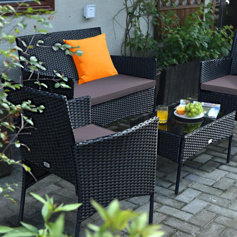 Hivvago 4 Pieces Patio Rattan Cushioned Sofa Set with Tempered Glass Coffee Table
