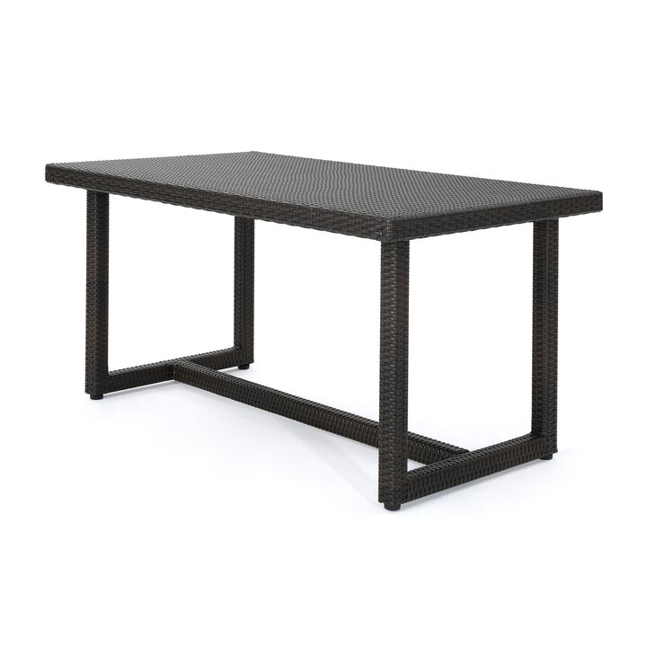 Sanie Outdoor Dining Table, 59 Inch Top, Iron Frame, Brown Resin Wicker