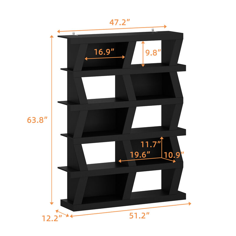 FUFU&GAGA Modern 5-Tier Zigzag Bookcase with Open Shelves (63.8” H x 51.2” W x 12.2” D),Black