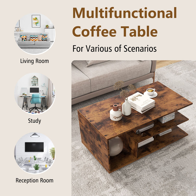 Rectangular Coffee Table with L-shaped Middle Shelf