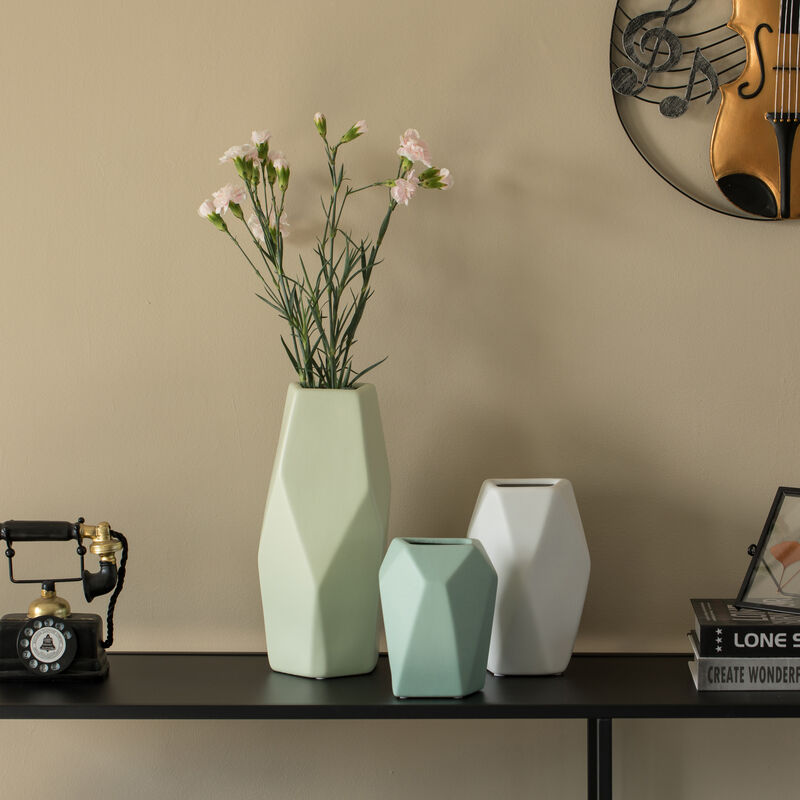 8" H Decorative Ceramic Multi Paned Vase, Modern Style Centerpiece Table Vase White, Medium