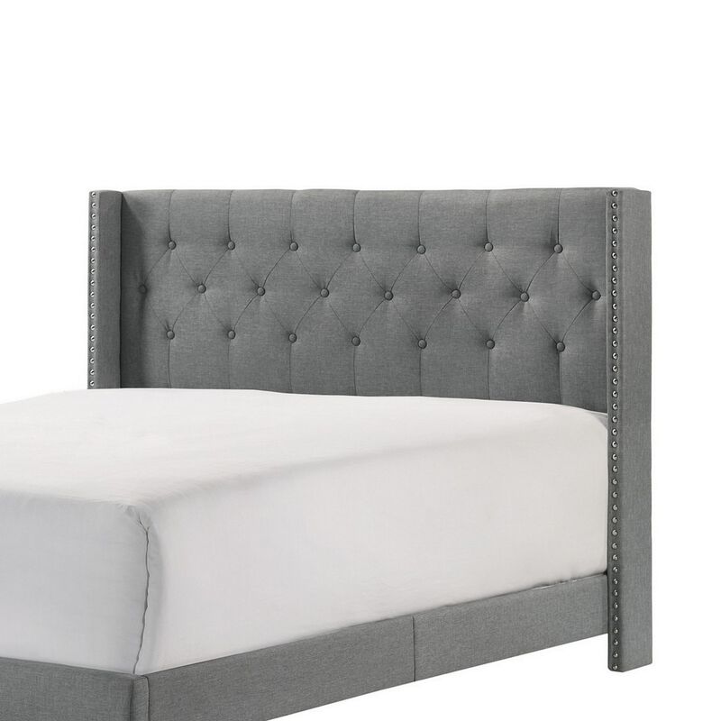 Lih Full Bed, Tufted Headboard, Wood Frame, Fabric, Black Legs, Gray - Benzara