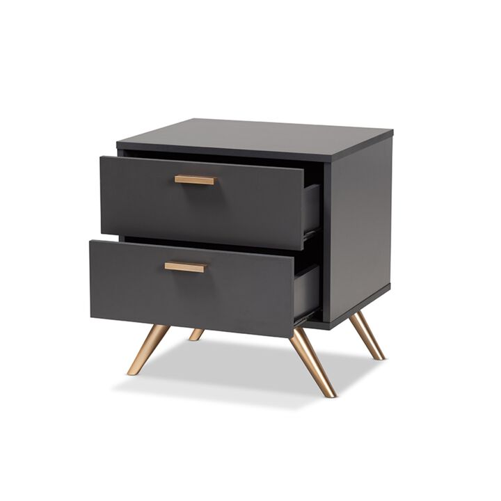 Baxton Studio Kelson Dark Grey and Gold Finished Wood 2-Drawer Nightstand