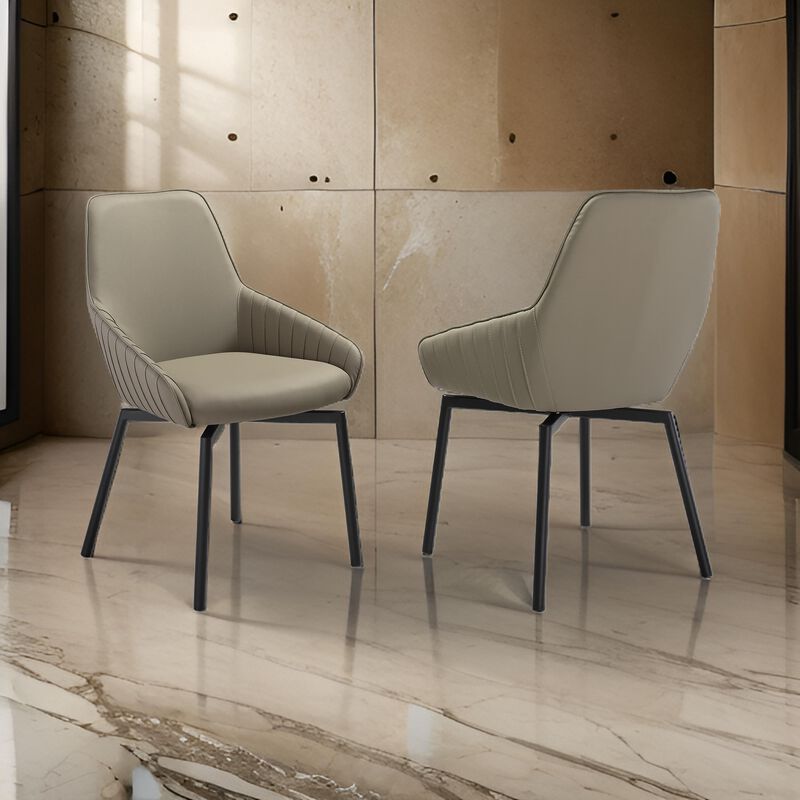 Shin 23 Inch Swivel Dining Chair Set of 2, Curved, Gray Faux Leather, Black - Benzara