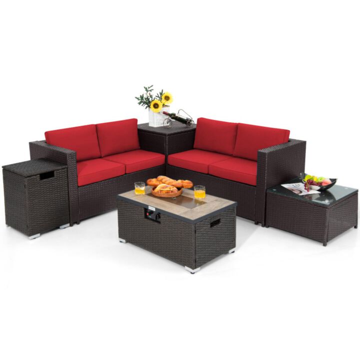 Hivvago 6 Pieces Outdoor Wicker Furniture Set with 32 Inch Propane Fire Pit Table