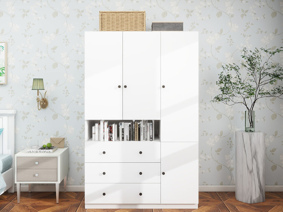 74" H 3 Doors 3 Drawers White Wooden Wardrobe Armoire Closet Modern Freestanding Bedroom Armoire Organizer Clothes Cabinet for Bathrooms Clothes Shoes Storage with Hanging Rod