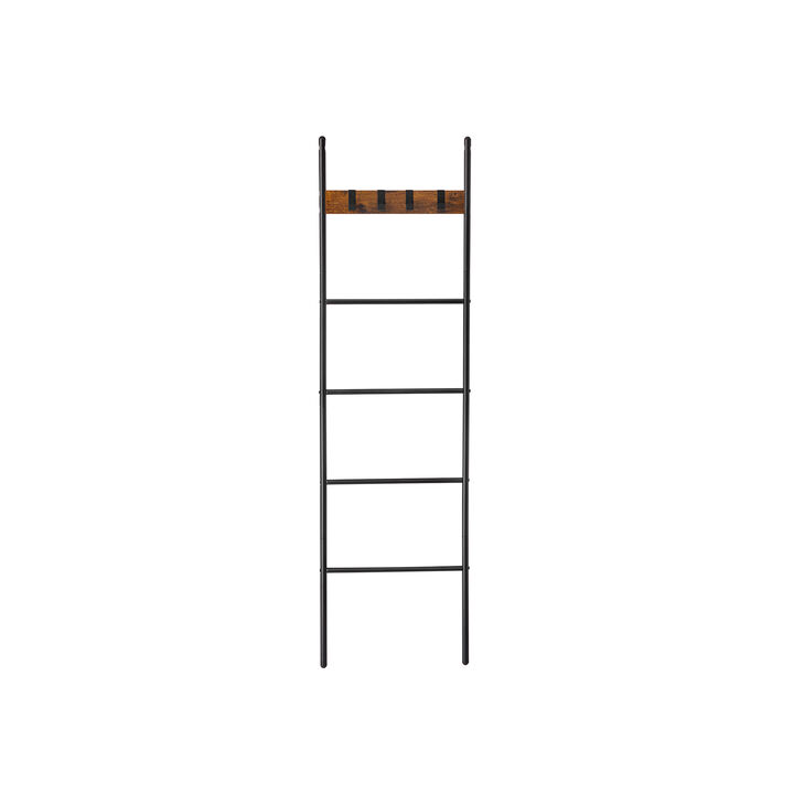 5-Tier Blanket Ladder with Hooks - Rustic Brown and Black, Industrial Metal Frame