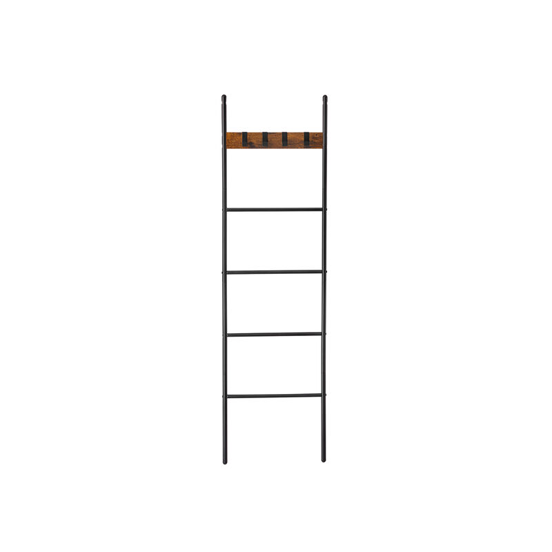 5-Tier Blanket Ladder with Hooks - Rustic Brown and Black, Industrial Metal Frame