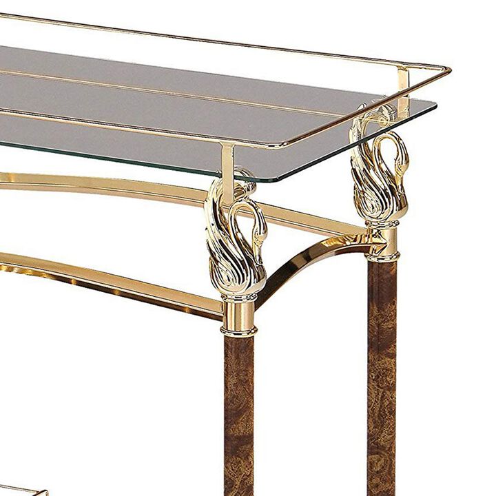 Alluring Serving Cart, Golden Plated & Clear Glass-Benzara