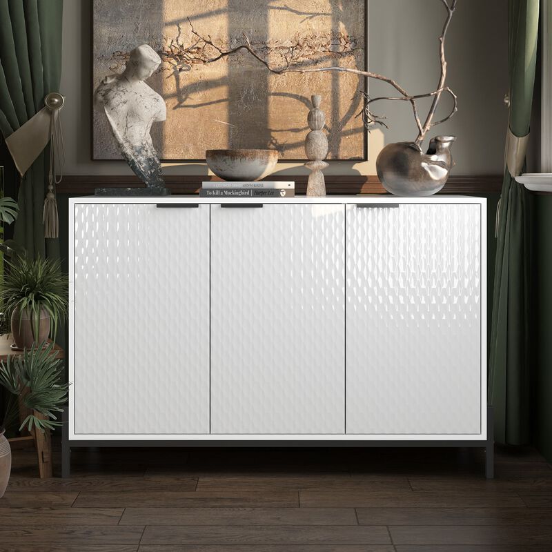 Elegant 3-Door Storage Cabinet with Adjustable Shelves and Geometric Design
