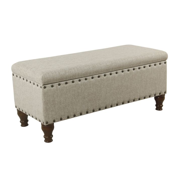 Textured Fabric Upholstered Wooden Storage Bench With Nail head Trim, Large, Beige and Brown - Benzara