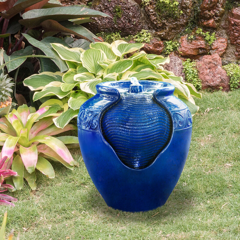 Teamson Home Outdoor Glazed Pot Floor Fountain with LED Lights, Royal Blue