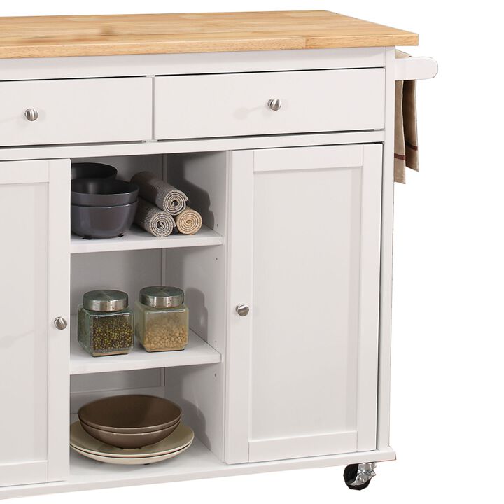 Wood Kitchen Cart, 2 Door Cabinet, Natural Brown, White-Benzara