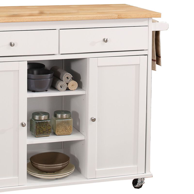 Wood Kitchen Cart, 2 Door Cabinet, Natural Brown, White-Benzara