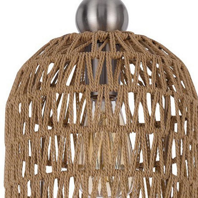 8 Inch Dia. Pendant Ceiling Light Fixture, Rope Woven Shade, Brown, Chrome-Benzara