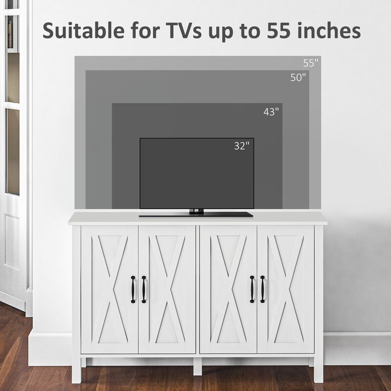 White Buffet Cabinet: 4 Barn Doors, Adjustable Shelves
