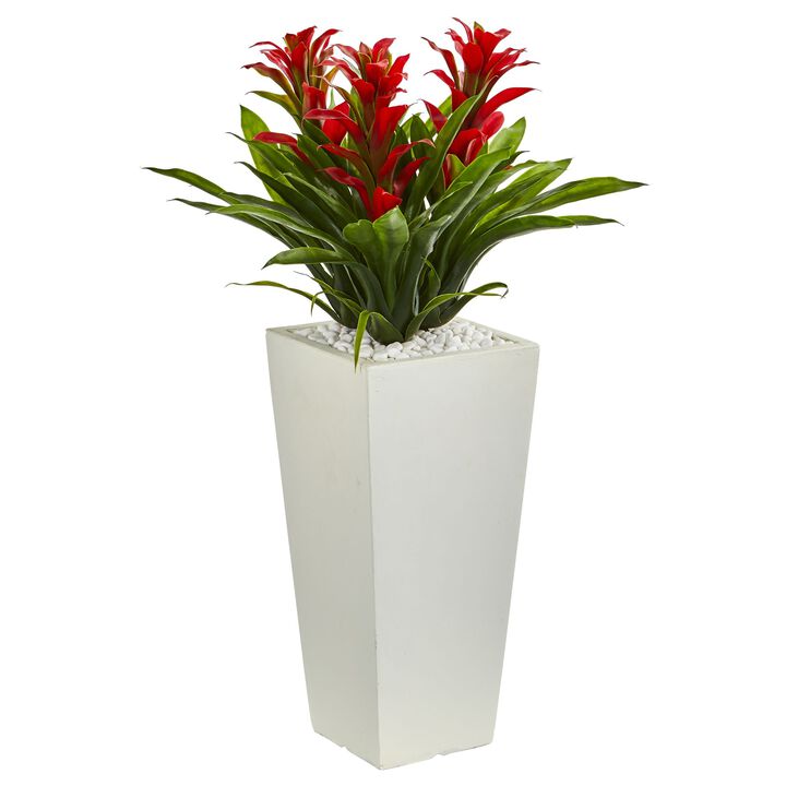 Hivvago Triple Bromeliad Artificial Plant in White Tower Planter - Red