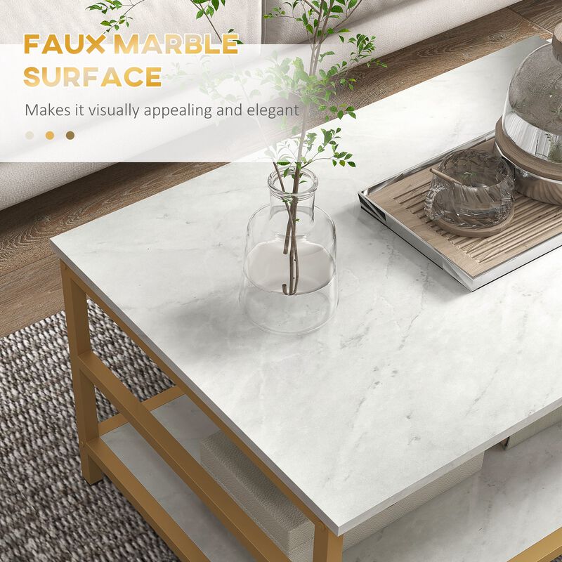 White Living Room Set: Coffee Tables with Faux Marble Top & Storage