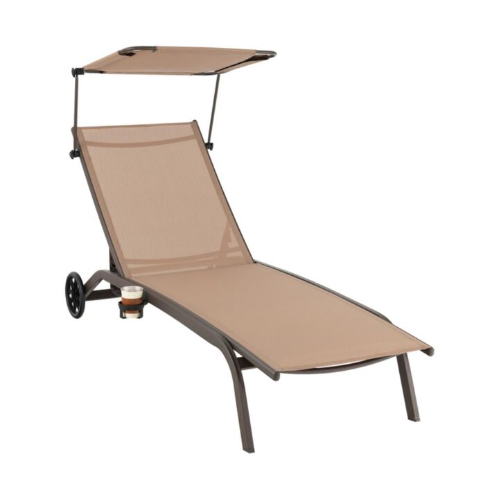 Hivvago Patio Heavy-Duty Adjustable Chaise Lounge Chair with Canopy Cup holder and Wheels-Brown