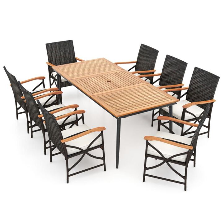 Hivvago 79 Inch Outdoor Acacia Wood Dining Table and 8 Rattan-woven Dining Chairs with Umbrella Hole